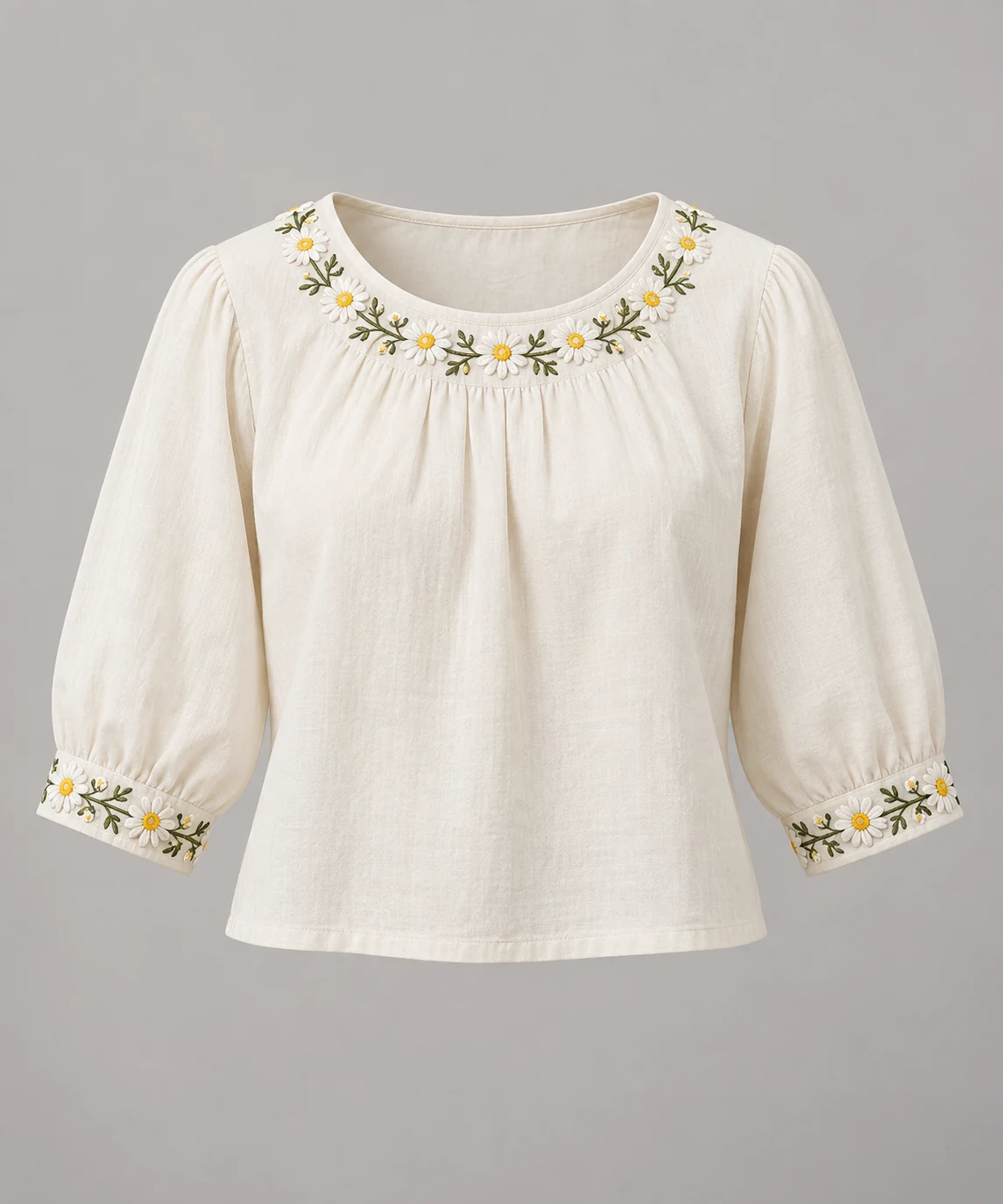 Ivory Daisy Meadow Blouse, round neck, three-quarter sleeves, daisy embroidery