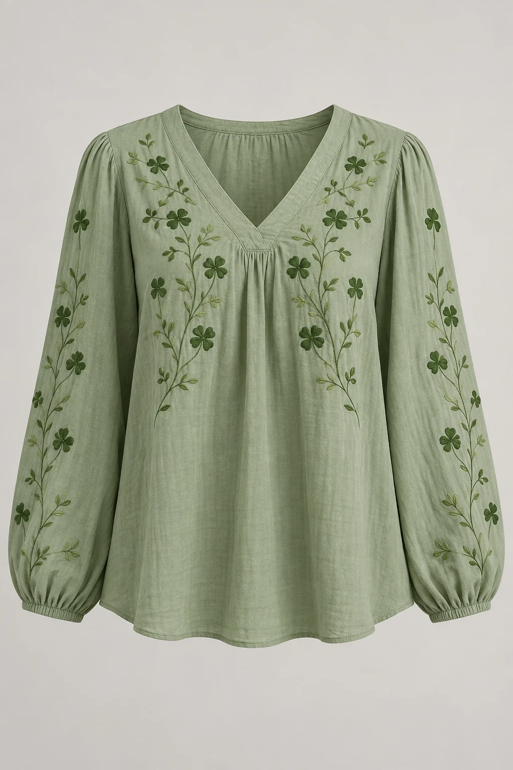 Sage Clover Path Blouse, v-neck, long sleeves, clover embroidery