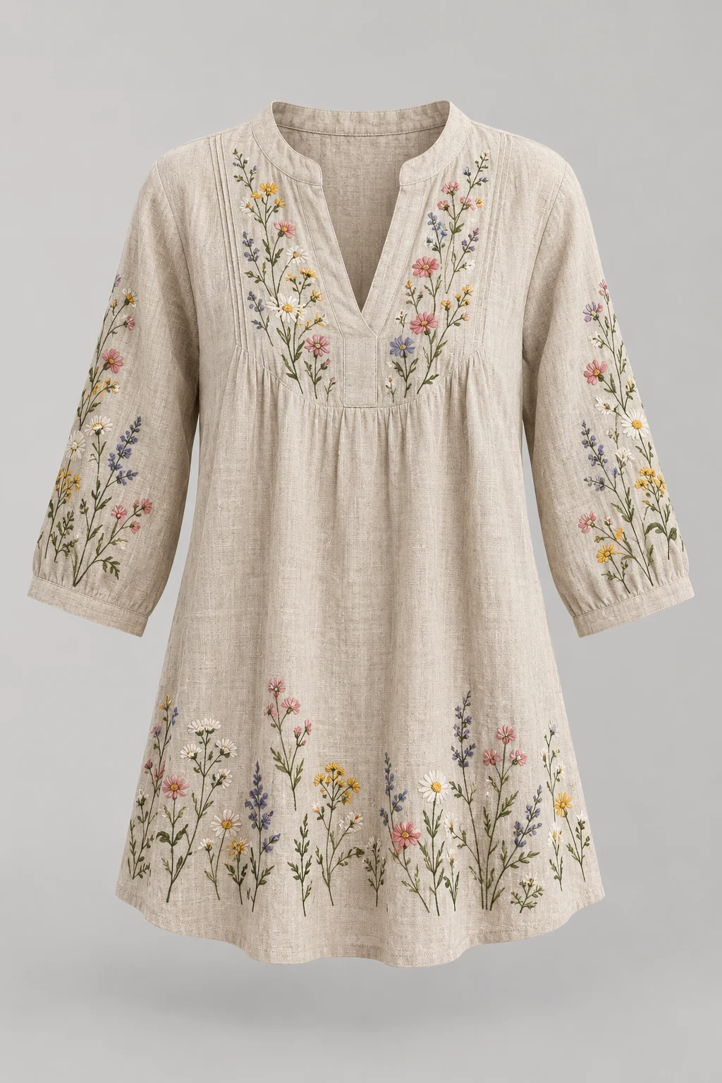 Natural Flax Wildflower Field Tunic, split neck, three-quarter sleeves, wildflower embroidery