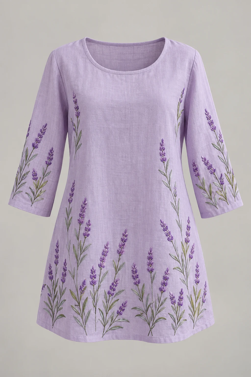 Soft Lilac Lavender Lane Tunic, round neck, three-quarter sleeves, lavender embroidery