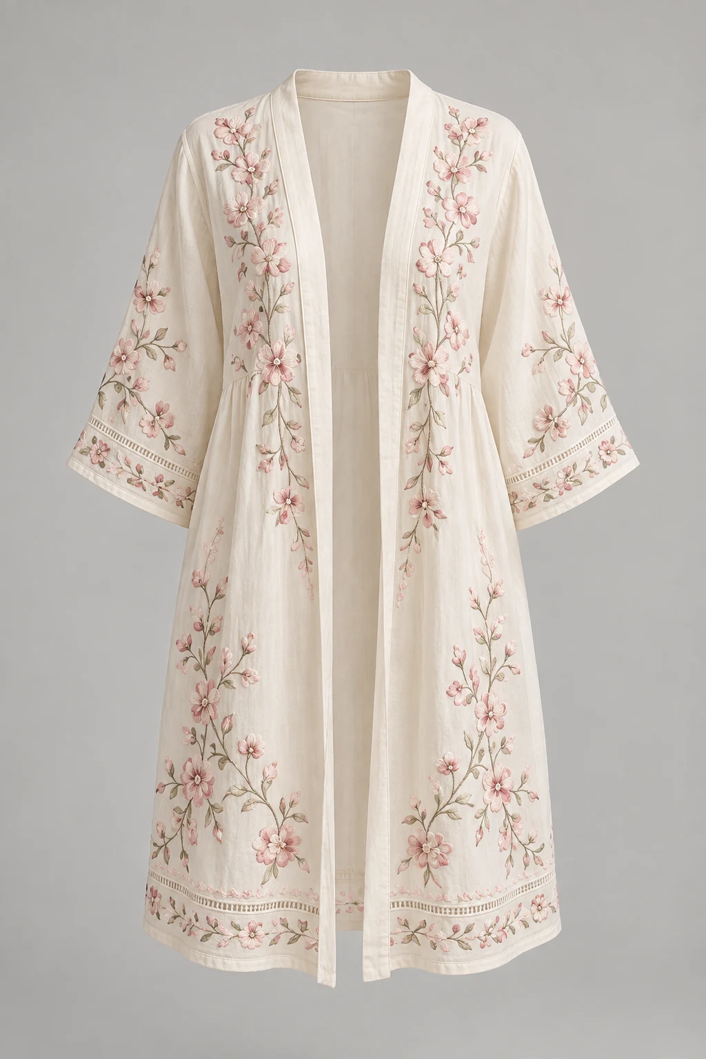 Cream Orchard Blossom Cover-Up, open front, three-quarter sleeves, blossom embroidery