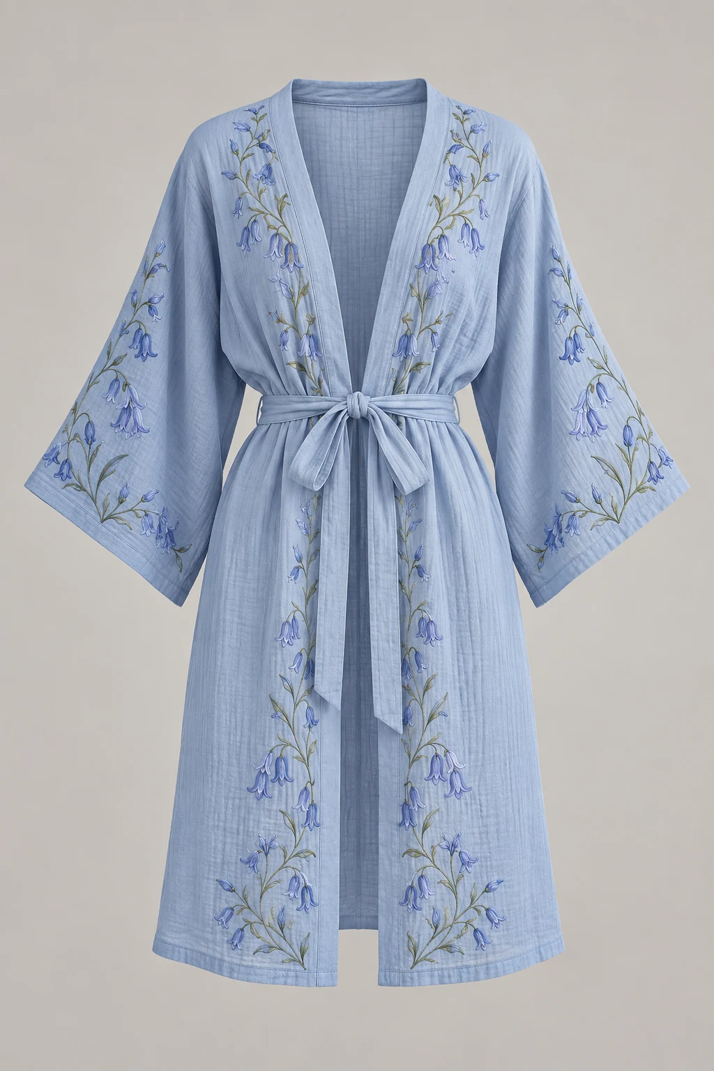 Mist Blue Bluebell Garden Cover-Up, tie front, wide sleeves, bluebell embroidery