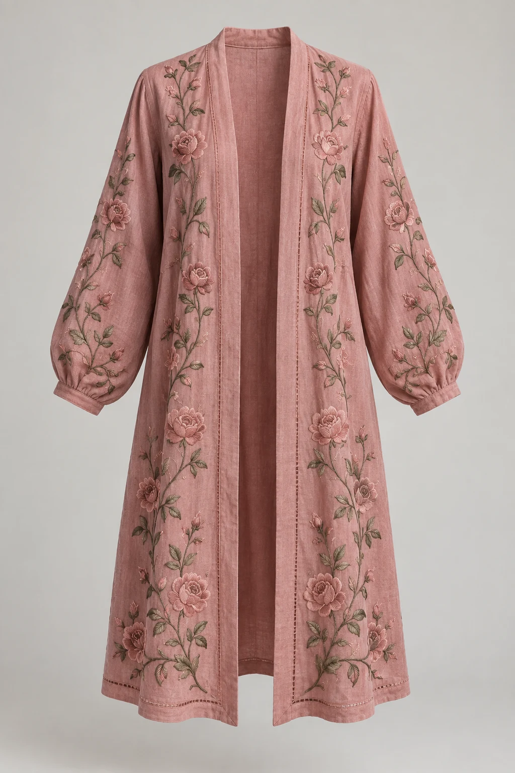 Dusty Rose Rose Trellis Cover-Up, open front, long sleeves, rose embroidery